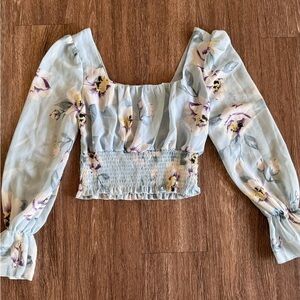 Blue Cropped Blouse with Puff Sleeves and Smocked Ruffles